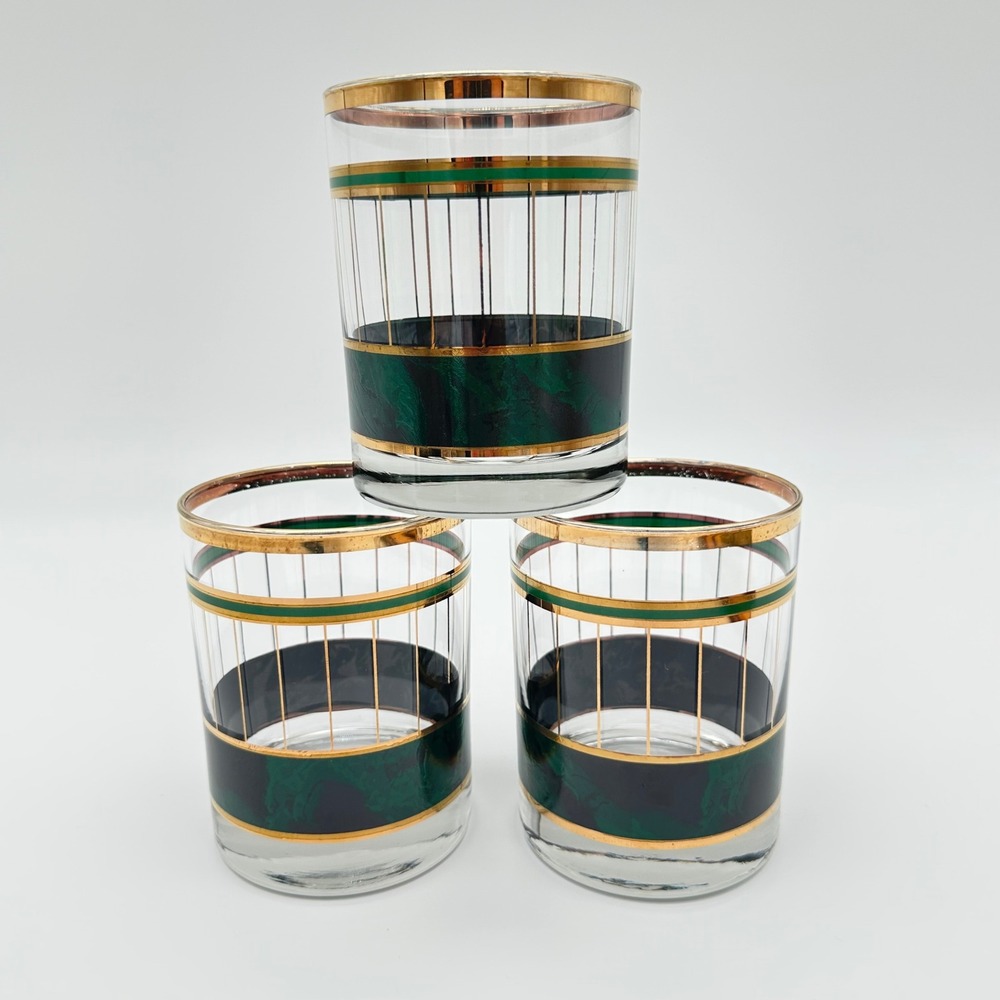 Culver Lowball Rocks Glasses Devon Malachite Set of 3 Green Gold Vintage MCM